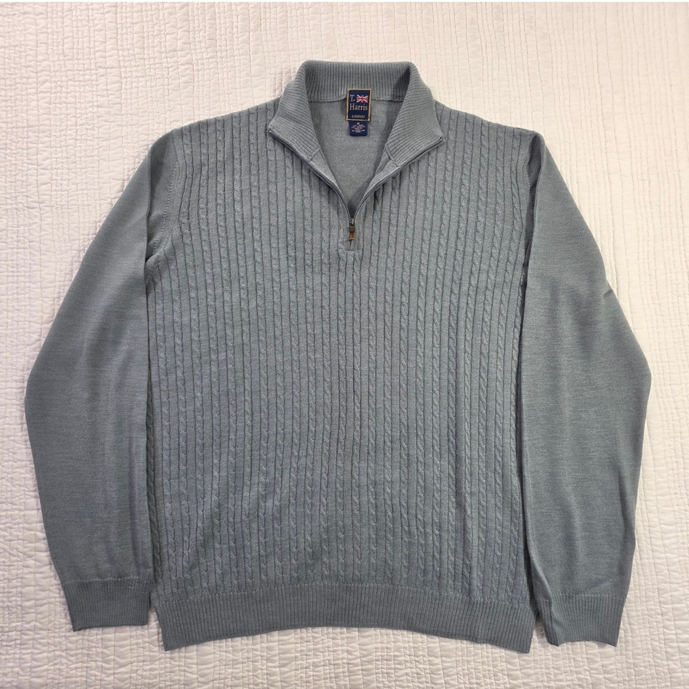 T. Harris London Mens Blue Cable Knit Quarter Zip Wool Blend Sweater EUC Size M